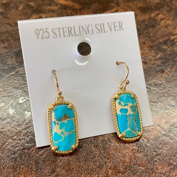 Turquoise Stone Earrings Dangle Gold 925 Silver